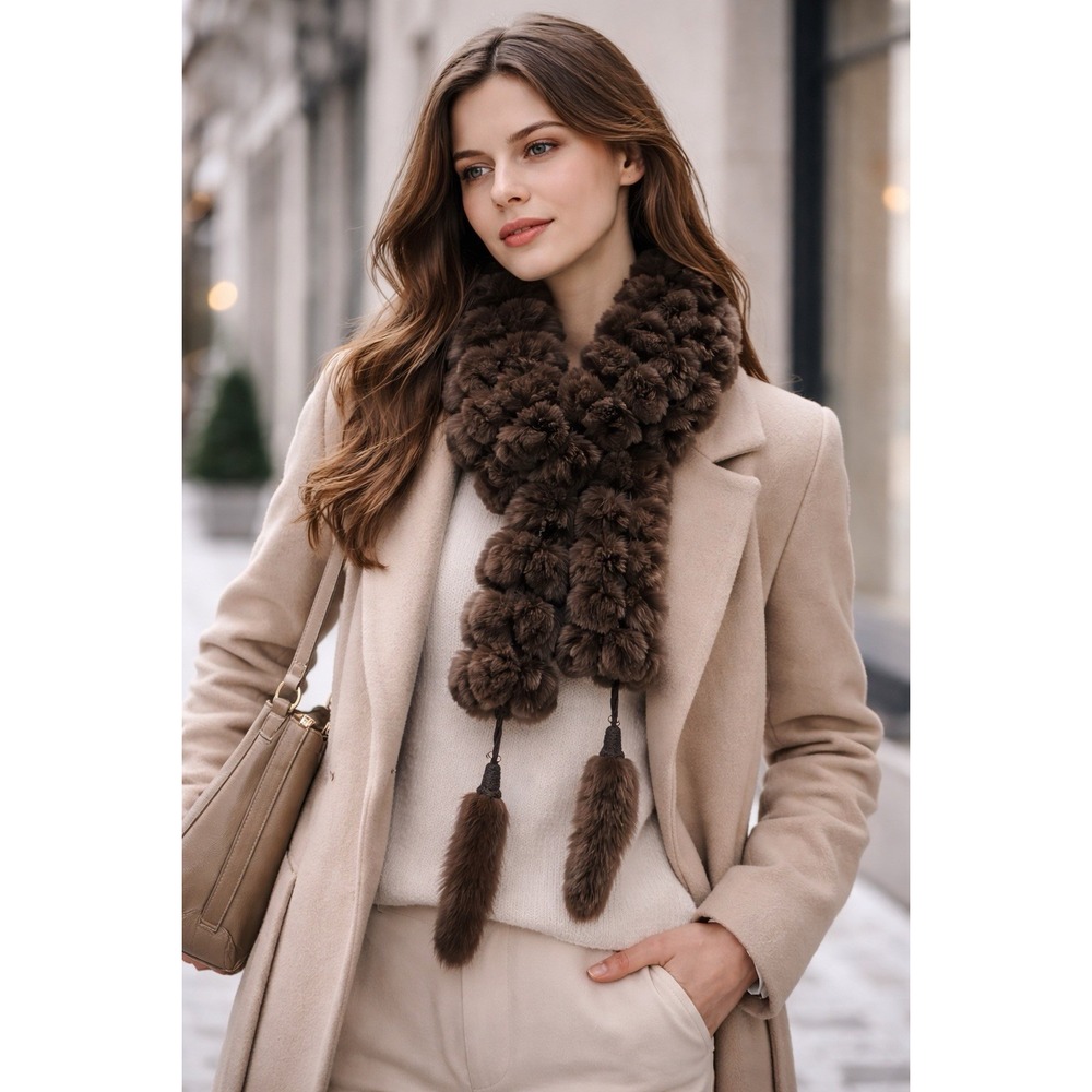 Sisters Rabbit‎ Fur Pom Pom Scarf Womens Brown 100% Rabbit Tassel Tie Wrap Shawl